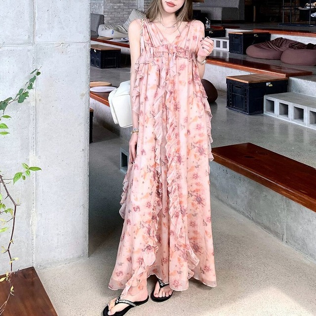 Flower frill long dress　B035
