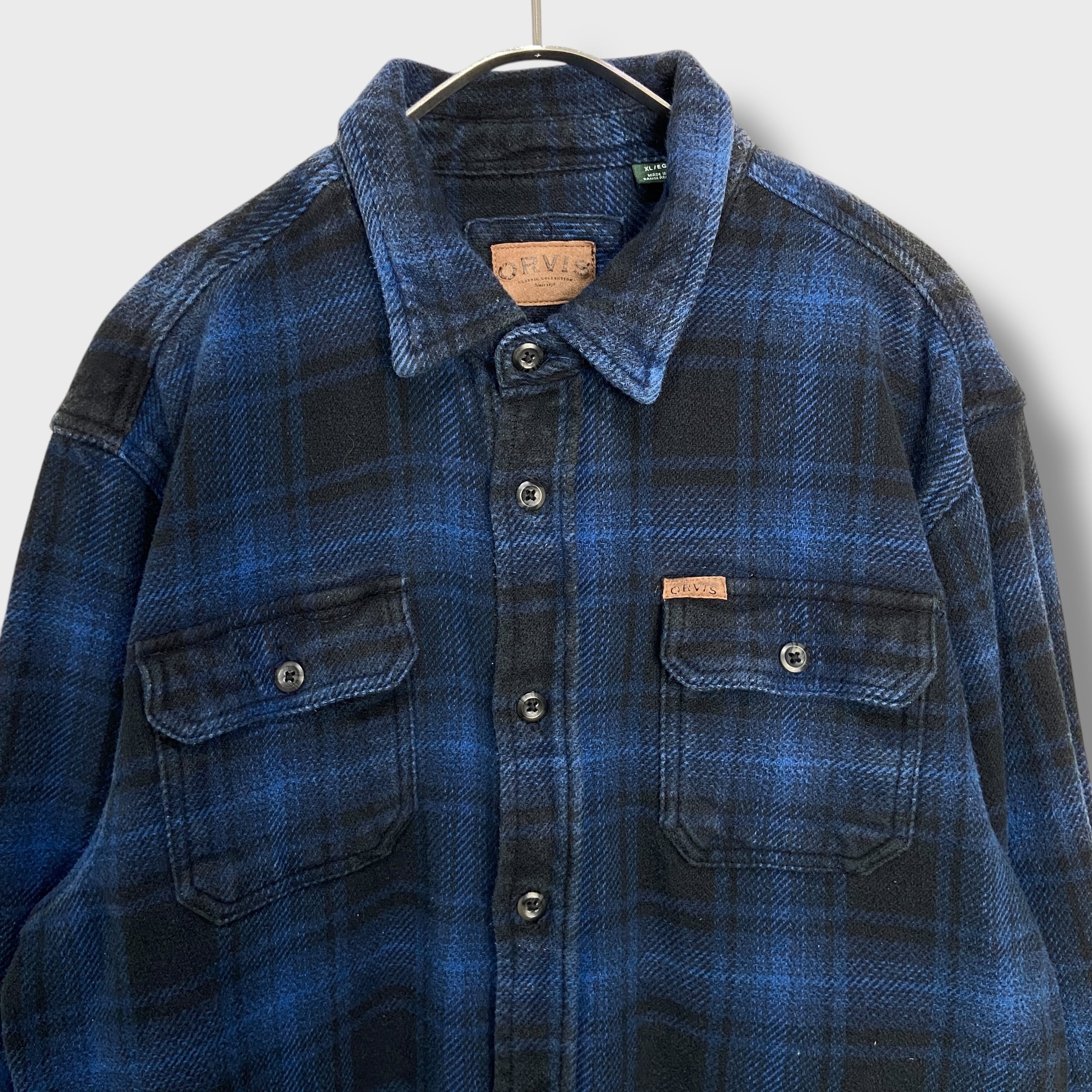 ORVIS オービス ヘビーネルシャツ サイドポケット付き XL 紺 黒 | 古着