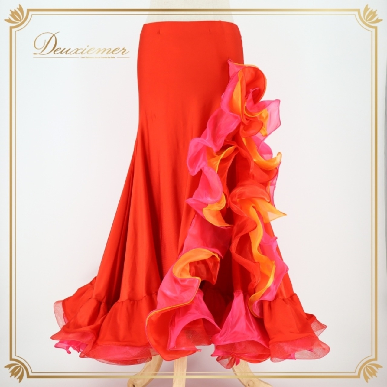 ベリーダンス オリエンタル 衣装 スカート レッド系 フリル 赤 橙 スリット ボリューム 練習 レッスン 華やか 鮮やか 上品 かわいい ダンス衣装 ステージ イベント 伸縮 ストレッチ ピンク系 オレンジ系