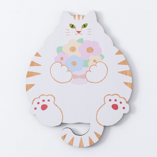花束のやさしいねこ〈白〉｜猫雑貨・木製コースター・ウッドプレート