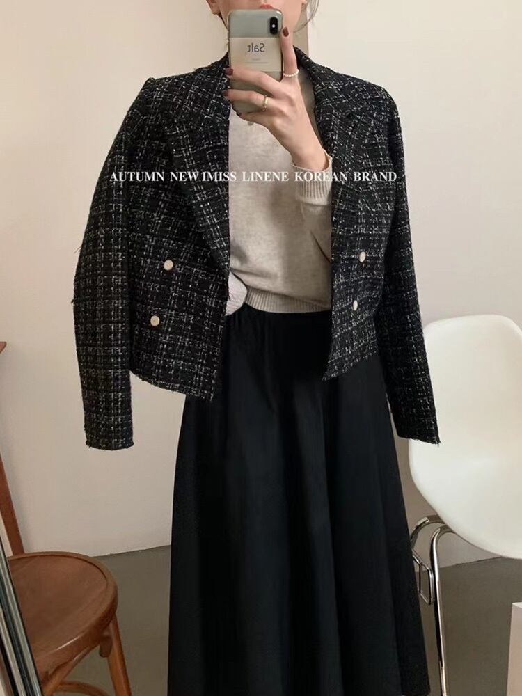 ショートジャケット スプリングオータム長袖スリーブカラーダブルブレストニット ロング 春物 秋物 ビッグFスモールZ韓国60903218329