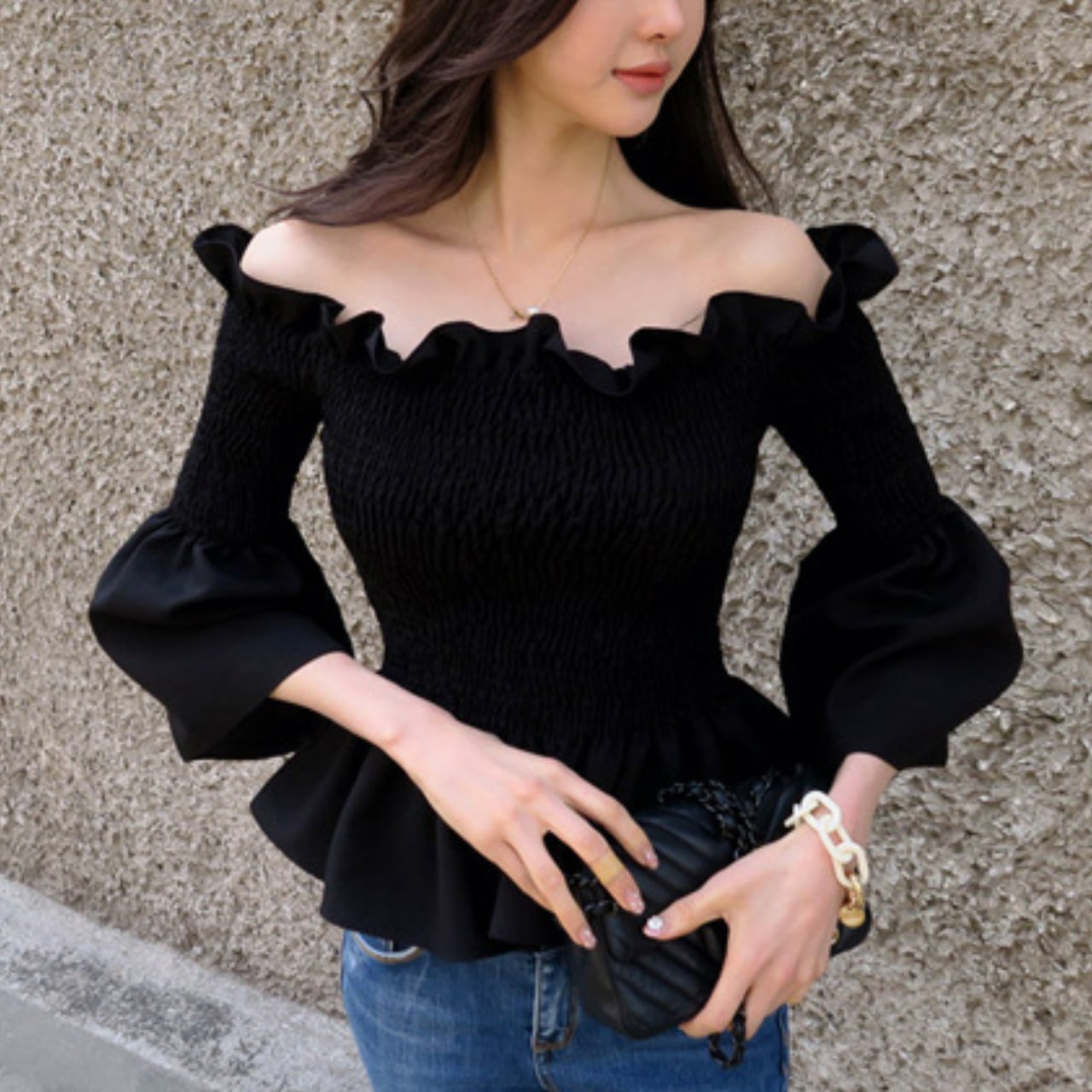 フリルオフショルダー スモッキングトップス T173