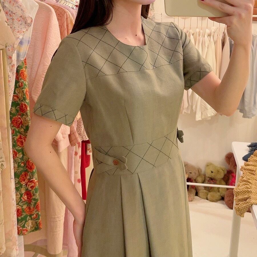 moss green check stitch one-piece