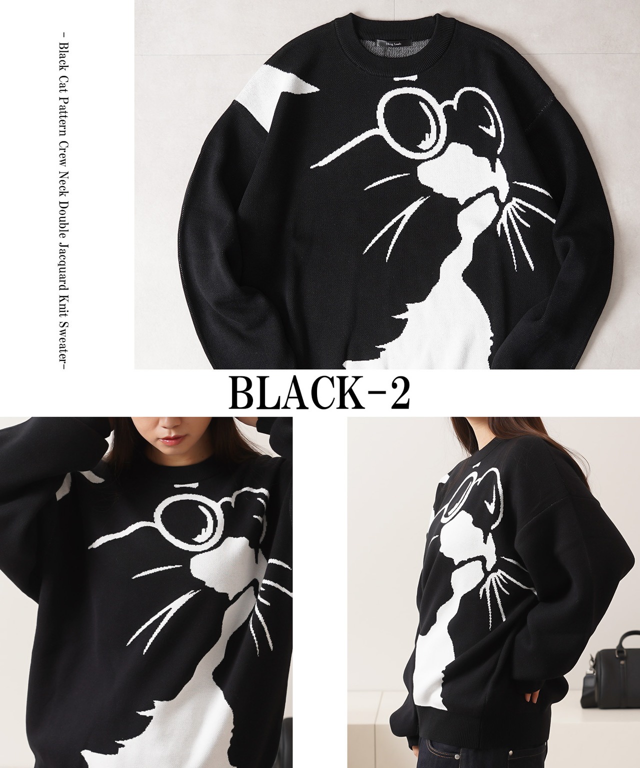 ◆猫柄 クルーネックニット◆bl-318627