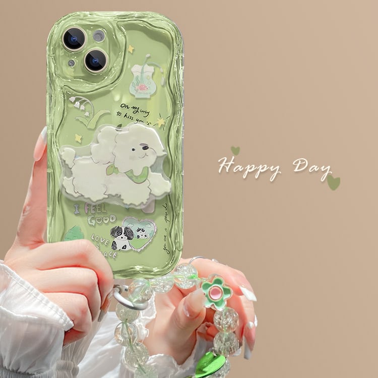 iPhone全機種対応】白い子犬が可愛すぎる◎美しい グリーン クリア