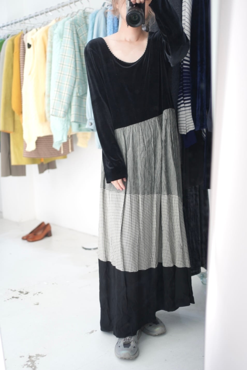 check velours flare dress