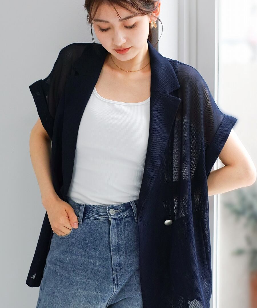 抜け感シアー 】 変わり織メッシュ・フレンチスリーブジャケット