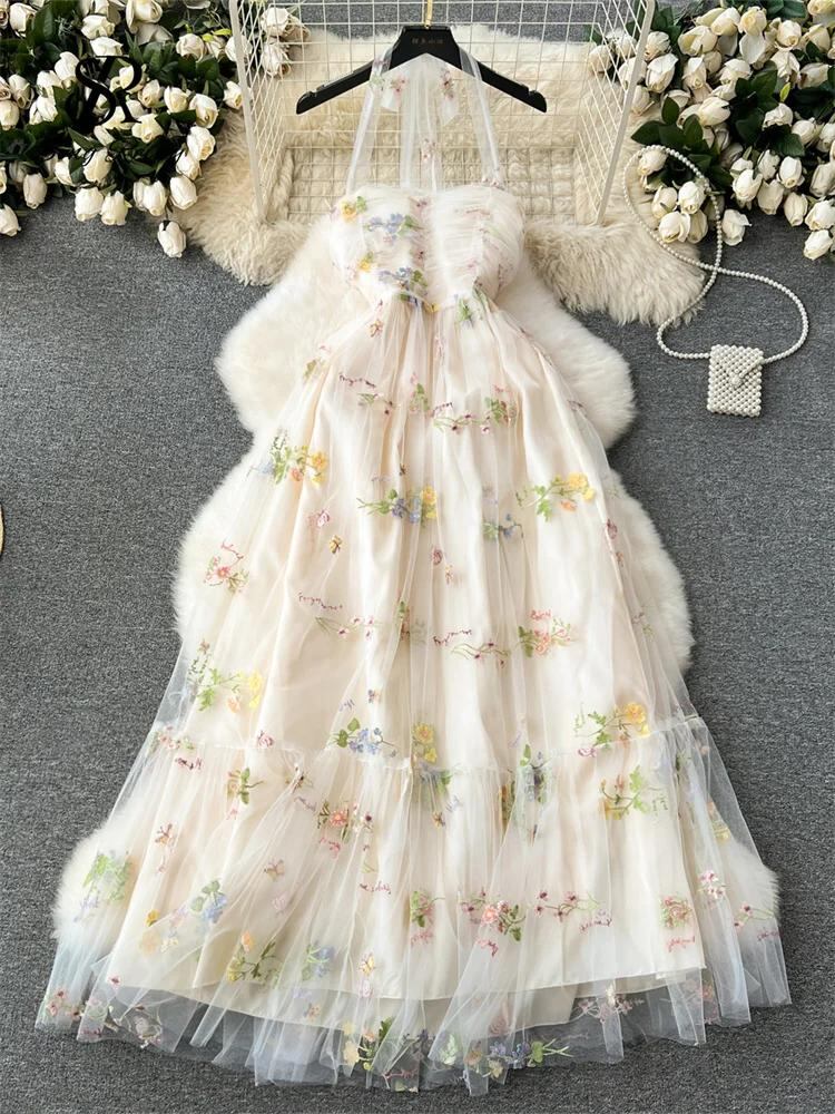 Sing補強-女性のためのシニア刺meshメッシュパーティードレス、高品質、フェアリーコアホルター、ストラップレス、ノースリーブ、ロングラインセクシードレス_213