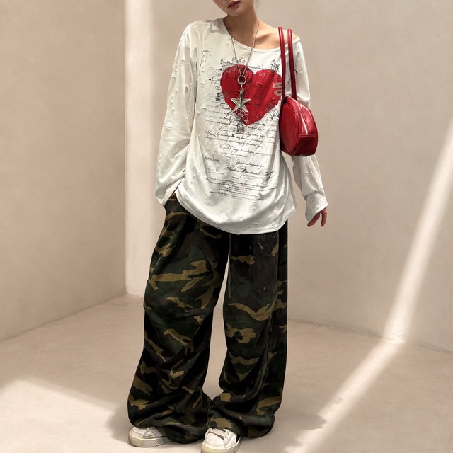 distressed heart graphic long tee　ハートグラフィックダメージロングティー　J2144