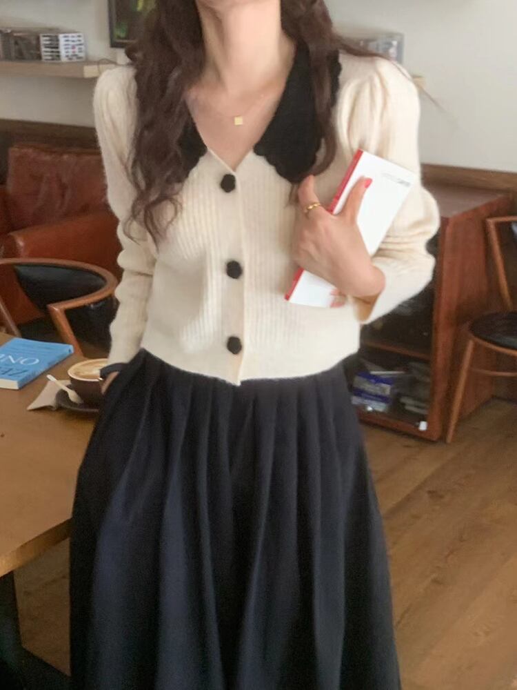 カラーセーター スプリングオータムショートルーズカーディガン ロング 春物 秋物 ビッグFスモールZ韓国1839236829