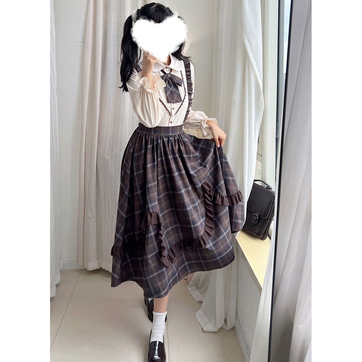エレガントフリルショルダーチェックスカートセットアップ：トップス