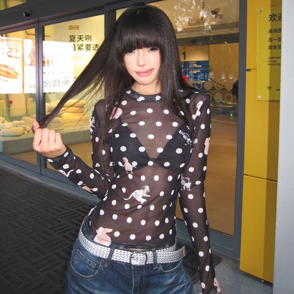 SylCue セクシー シースルー Tシャツ レディース アニマル柄 水玉プリント Oネック 長袖 へそ出し ホットガールズ ストリート Y2K スタイル トップス