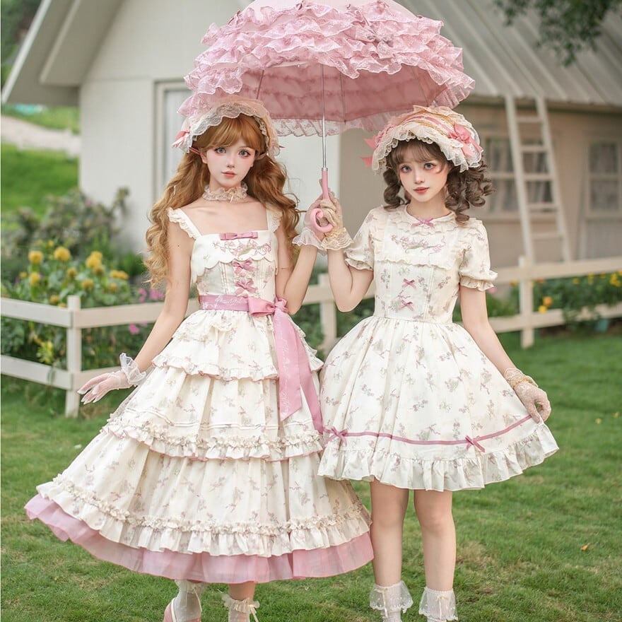 ロリータファッション 甘ロリ生成り小花柄ロングジャンパースカート