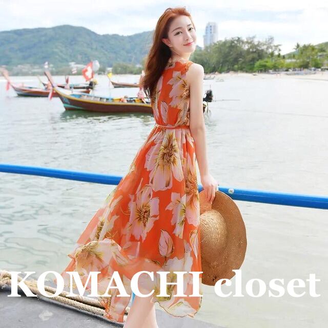 【送料無料】 ワンピース 花柄 オレンジ リゾート 夏 韓国 レディース オルチャン 膝丈 ひざ丈 膝下 ミモレ ミモレ丈 ノースリーブ Vネック フレア セミフレア Aライン かわいい 大人可愛い きれいめ シンプル 大人 上品 おしゃれ お洒落 大人可愛い 大人女子 こなれ感 キュート モダン 主役級 存在感 抜け感 フラワー 10代 20代 30代 OL 通勤 通学 デート 女子会 お泊まり 休日 イベント 旅行 コーデ スタイル モテ トレンド リゾートドレス 海