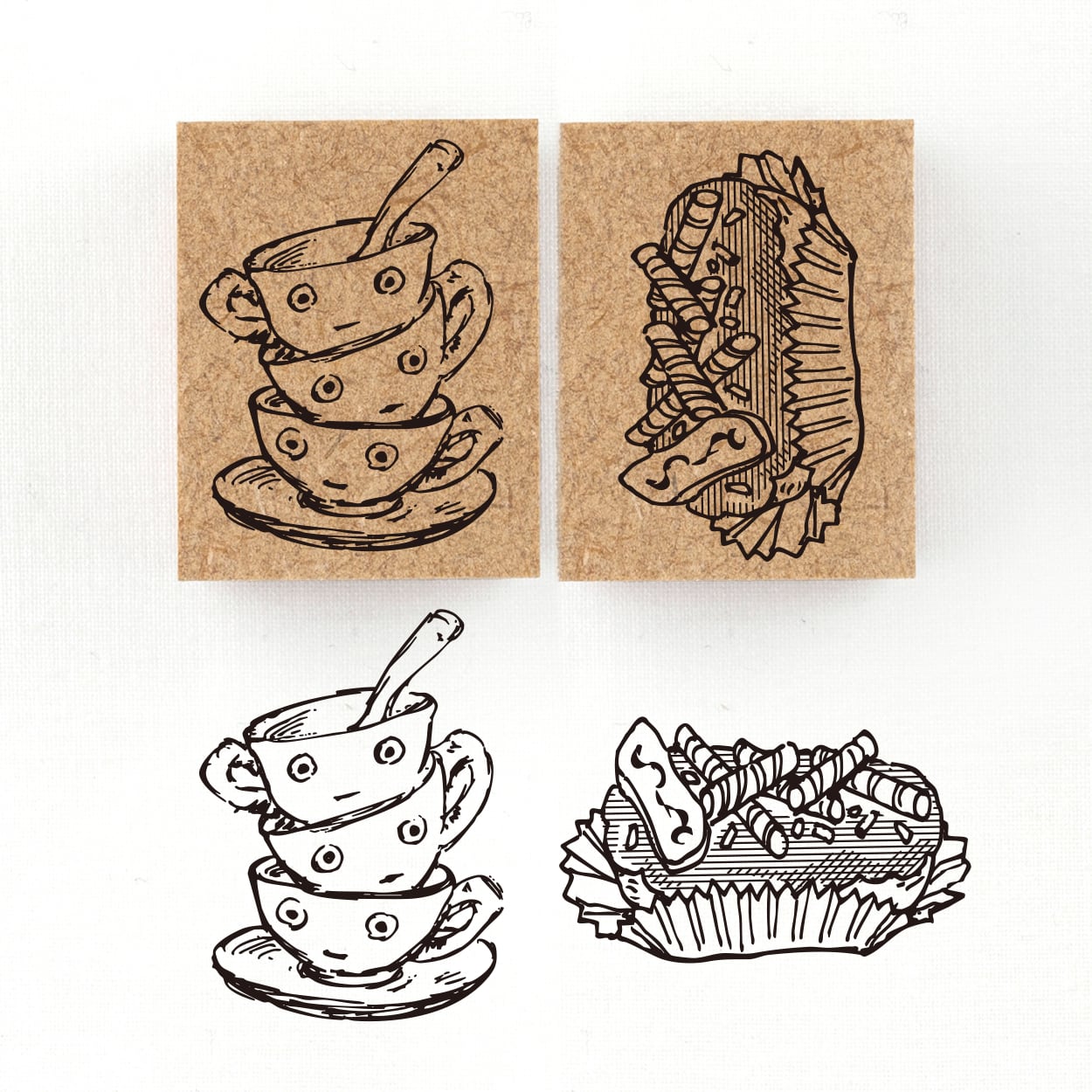 『３つのカップの精霊トロワ・タス』物に宿る精霊オブジャニマ達のスタンプ スイーツの精霊シリーズ　26×34mm