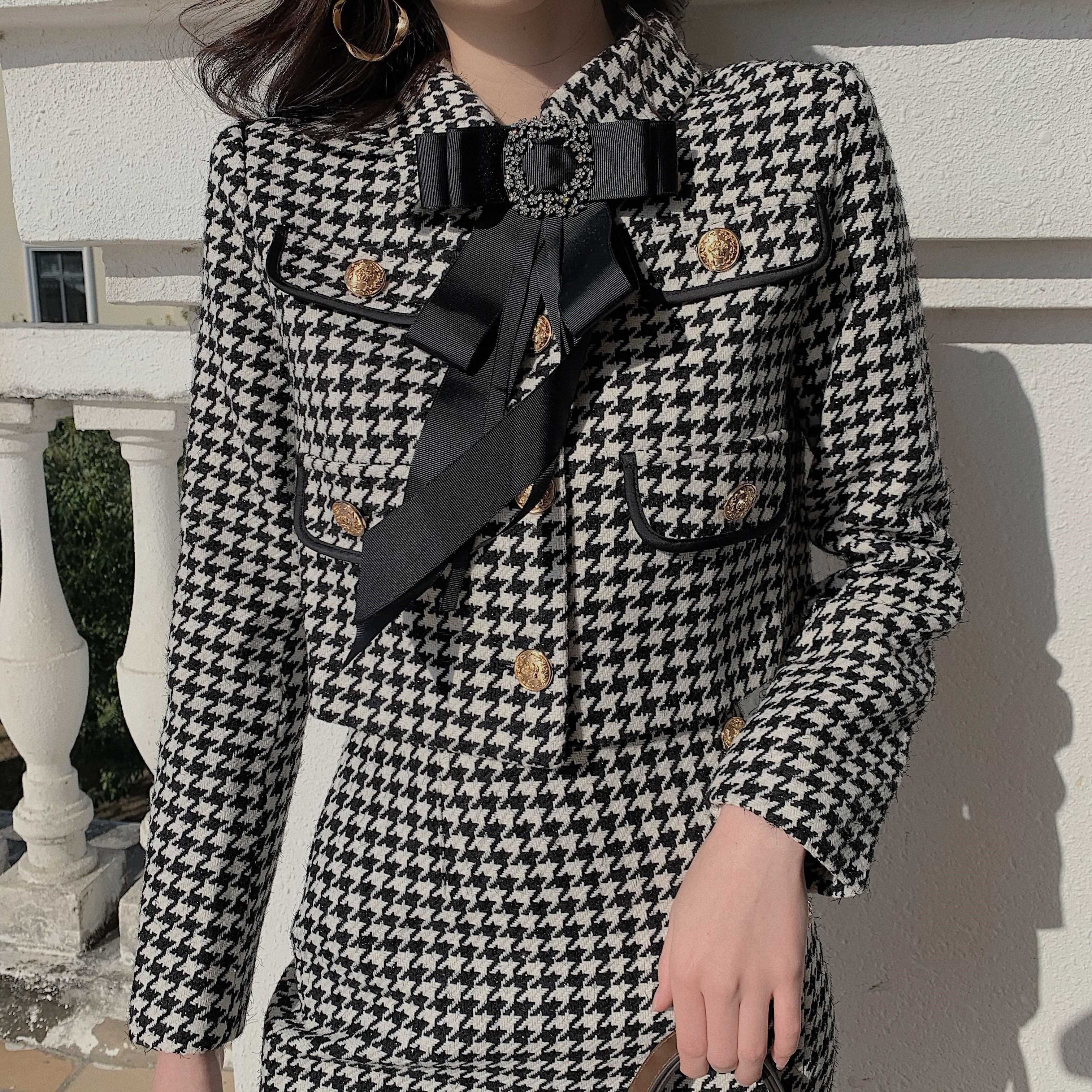 セットアップ着用可♡リボンブローチ付き千鳥柄ジャケット | Pay ID