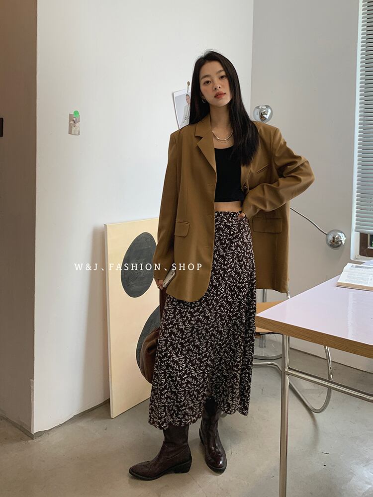 オータム薄手フローラルスカート スリムハイウェストウェストAライン 秋物 花柄 ビッグFスモールZ韓国35162800002