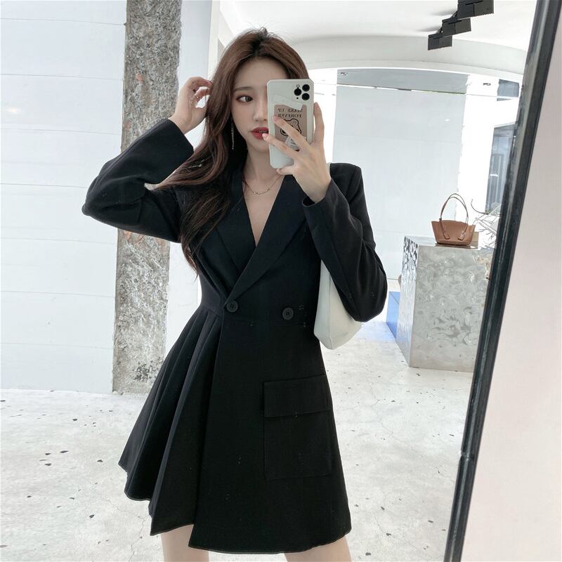 黒のスーツの襟長袖ドレス女性の秋のウインドブレーカーショートスカート2020新しい気質ウエストプリーツスカート ブラックストロベリース24305029411