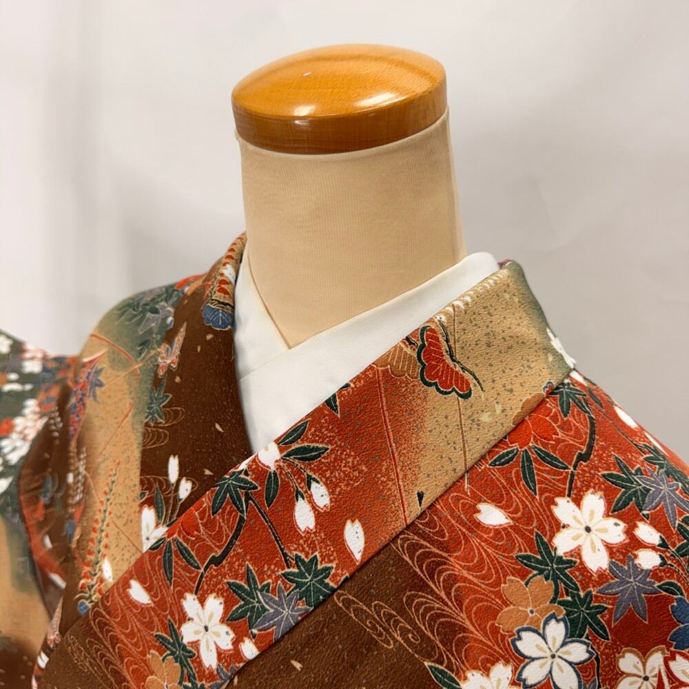 小紋 洗える着物 幅広 大きい 裄69cm 身丈171cm 花柄 袷 普段着 ポリエステル 中古 茶色 L サイズ 6607