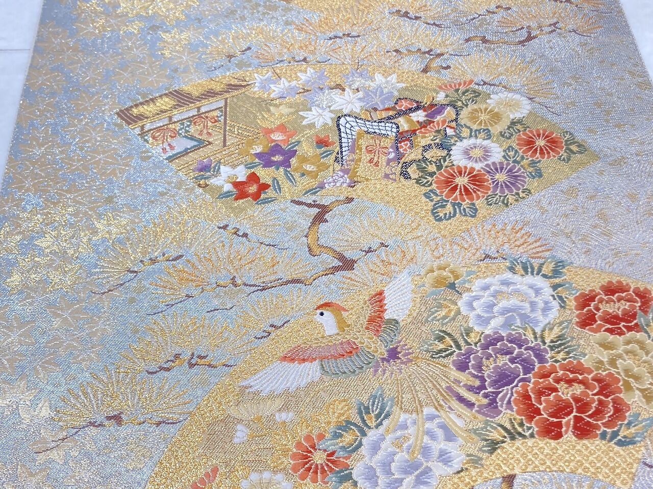 唐織り 松寿扇面文 四季の花々 袋帯 金糸 正絹 シルバー 赤 紫 509