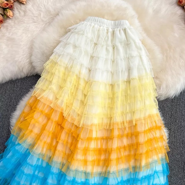 送料無料 D1248 グラデーション ティアード チュール ロング スカート ピンク グリーン ホワイト ブルー ピンク 緑 グリーン 水色 オレンジ チュールスカート ロングスカート マキシスカート ボリュームスカート カラフル ロング 膝丈 インポート パーティー