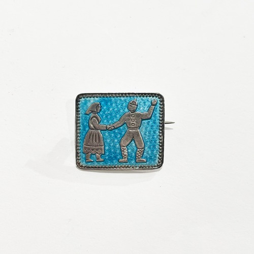1930's Vintage Sterling Guilloche Enamel Couple Brooch Made In Norway