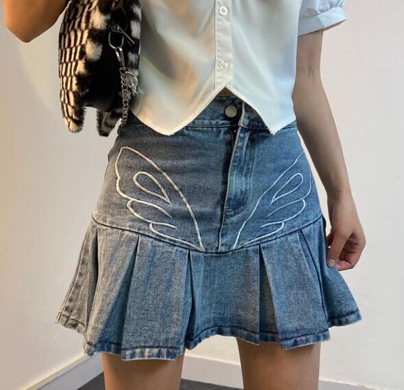 新作 レディース ボトムス スカート プリーツスカート ロリ デニム Aライン ハイウェスト レトロ