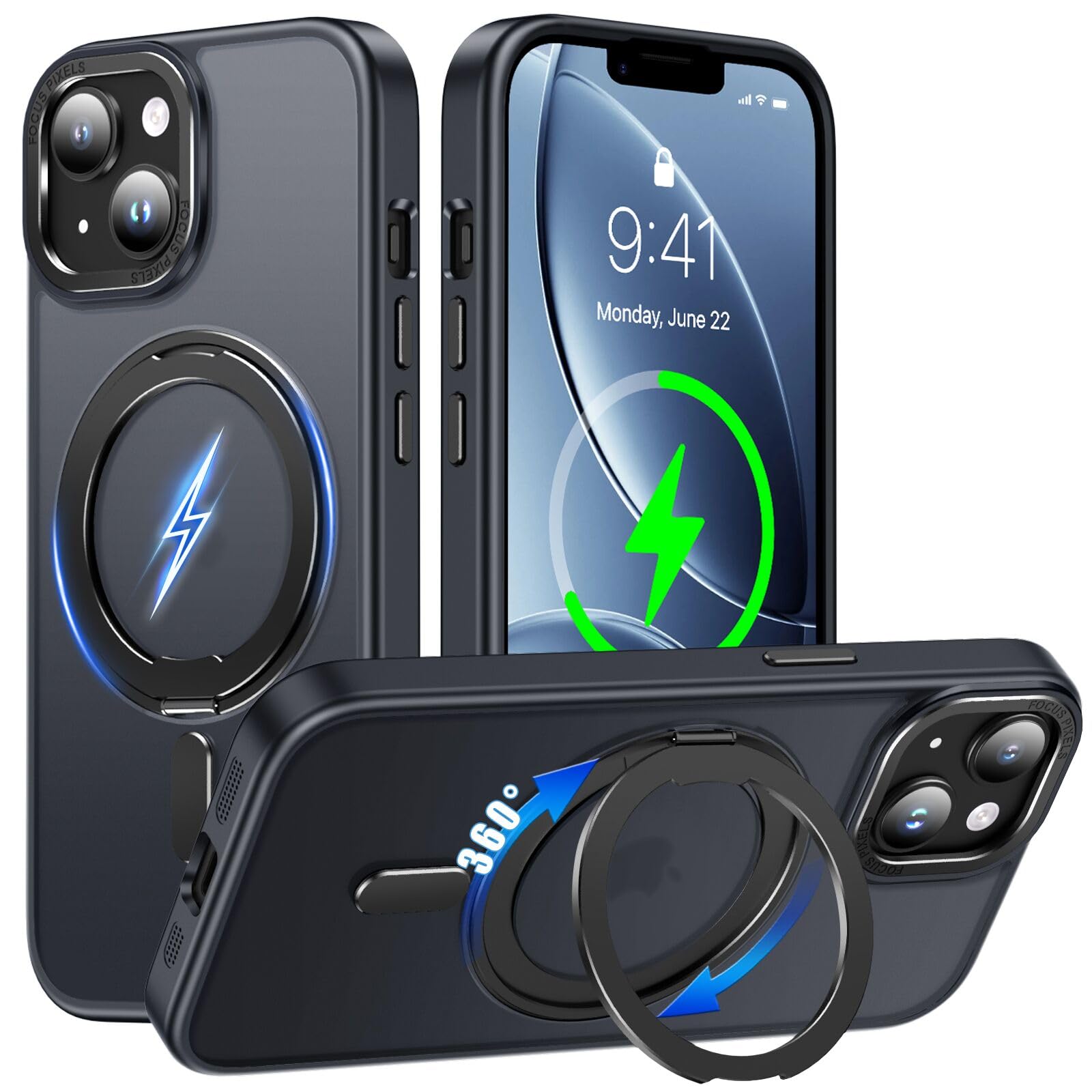 iPhone 15 Plus 用 ケース Magsafe対応 360°回転スタンド Uovon ワイヤレス充電 ストラップ穴付き・ブラック