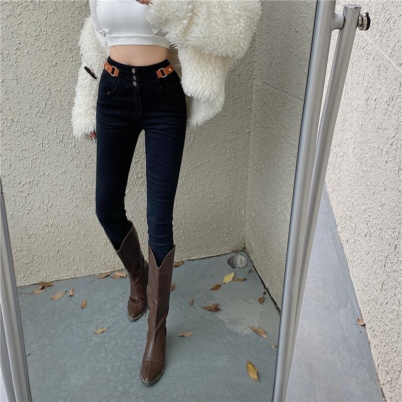 ハイウェストウェストジーンズ スプリングオータム薄手パンツ ストレッチ エラスティック 伸縮 春物 秋物 1号婦人32625614083