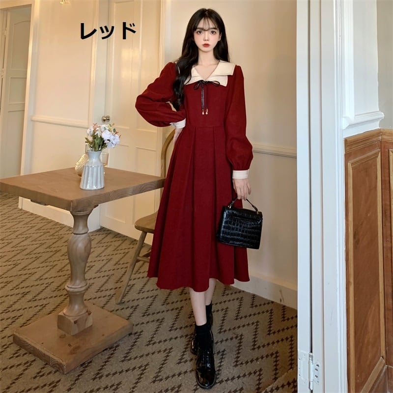 ロングワンピース レディース ロング ワンピース 襟付き リボン タック