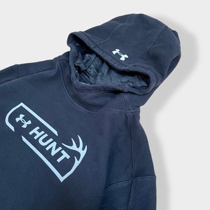 【UNDER ARMOUR】2XL ビッグシルエット パーカー HUNT ロゴ プリント スウェット フーディー hoodie プルオーバー アンダーアーマー フードロゴ us古着