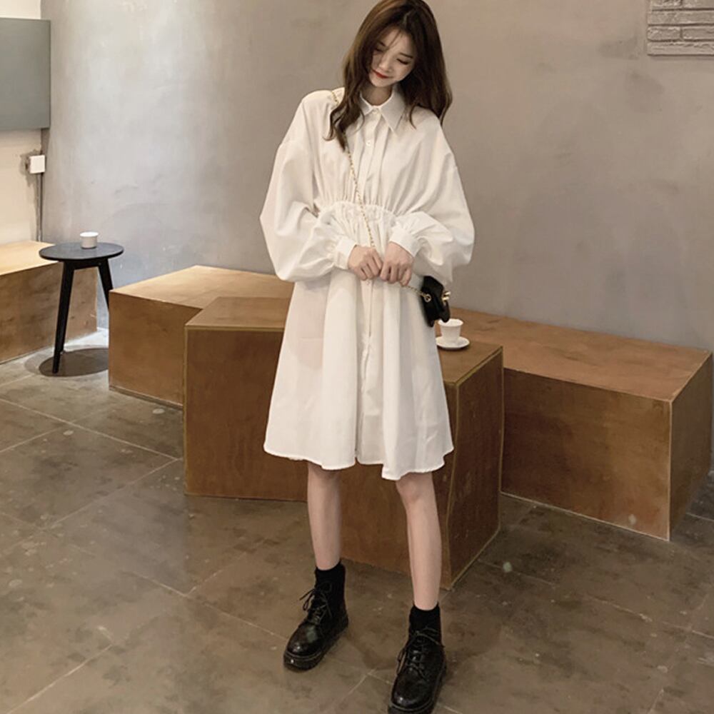 ワンピース 長袖 レディース 春夏秋 韓国 シャツワンピース きれいめ 大人 かわいい フェミニン シンプル ボリュームスリーブ おしゃれ 大人可愛い 大人女子
