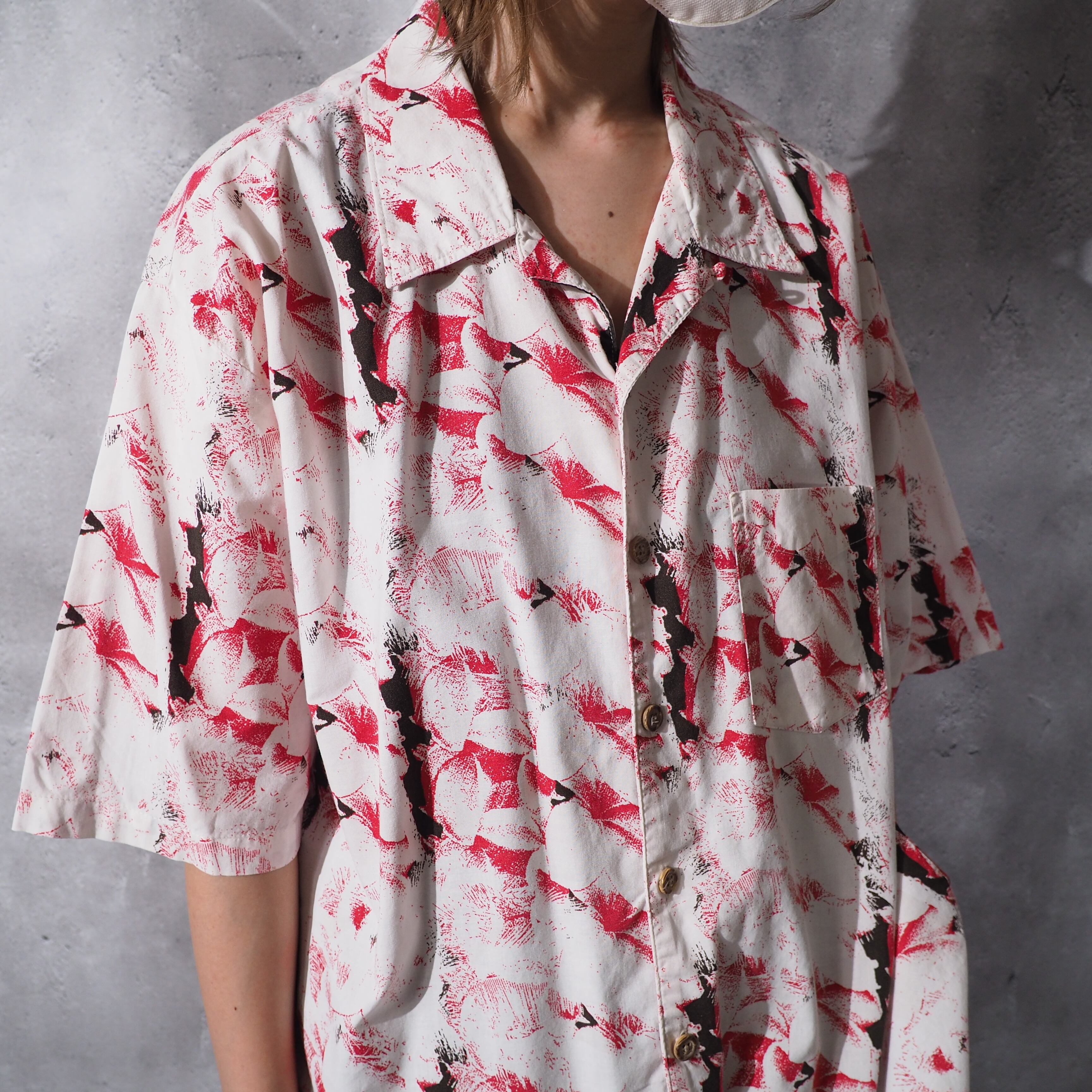 1990s Bewitching dark flower printed vintage open collar shirt