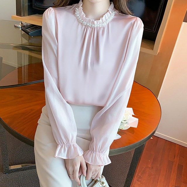 Stand collar elegant chest pearl chiffon shirt ( 3color )