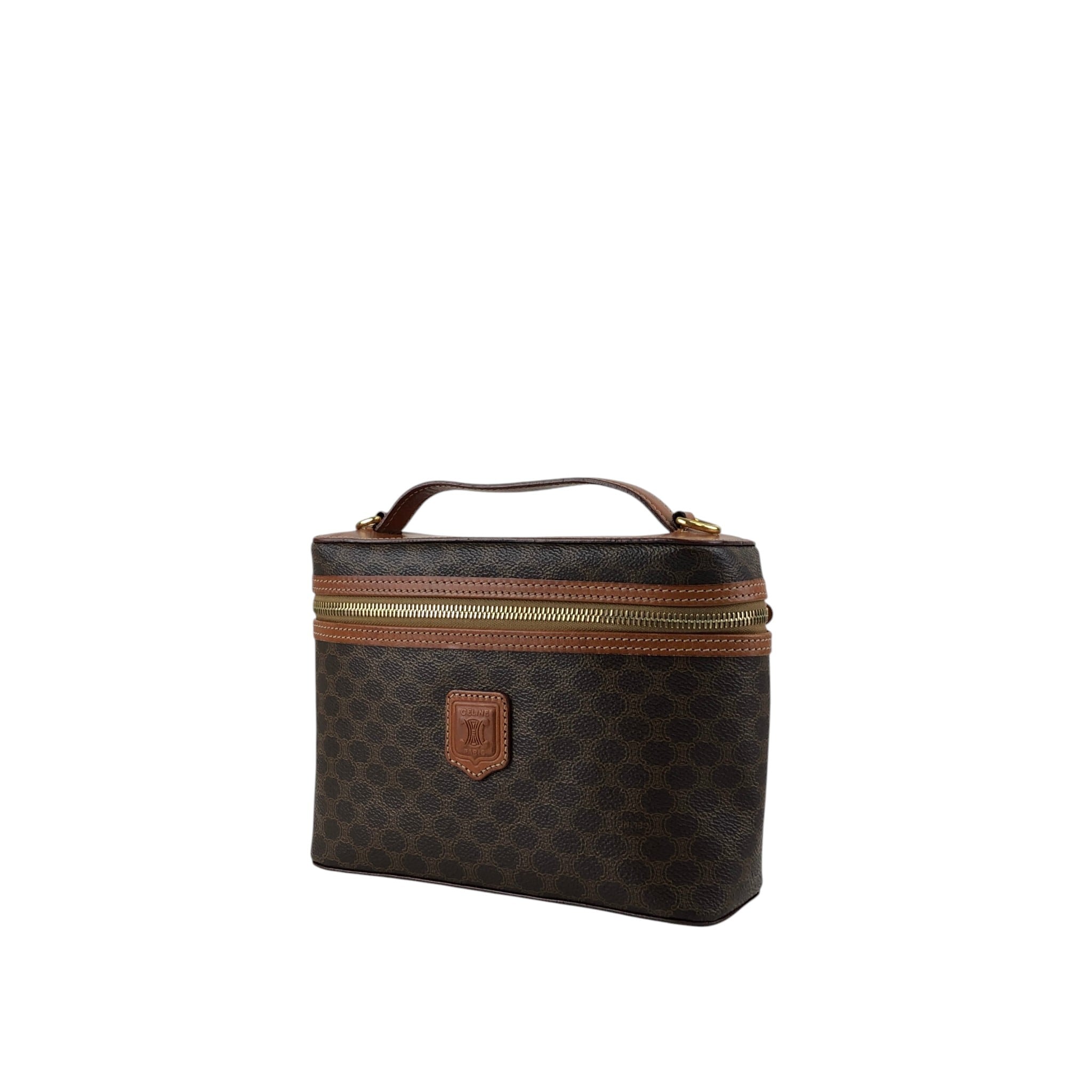 80-4 セリーヌ CELINE マカダム柄 バニティ バッグ PVC レザー CELINE セリーヌ マカダム ショルダーバッグ ブラウン ブラゾン型押し