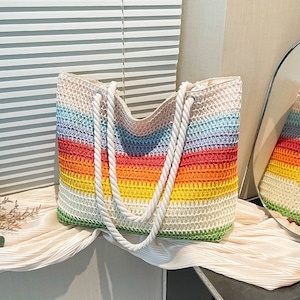 striped woven straw rope handle tote(4color)<b3073>
