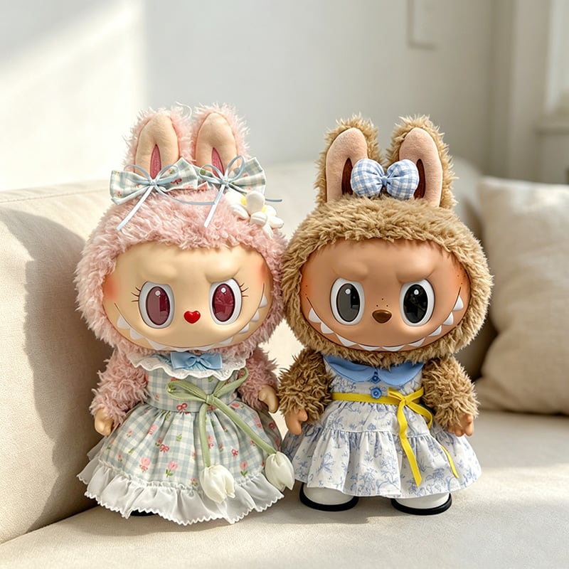 38cm labubu用 サマー チェック/リボン チューリップ柄 ワンピース+ 38cm labubu用 サマー チェック/リボン チューリップ柄 ワンピース+