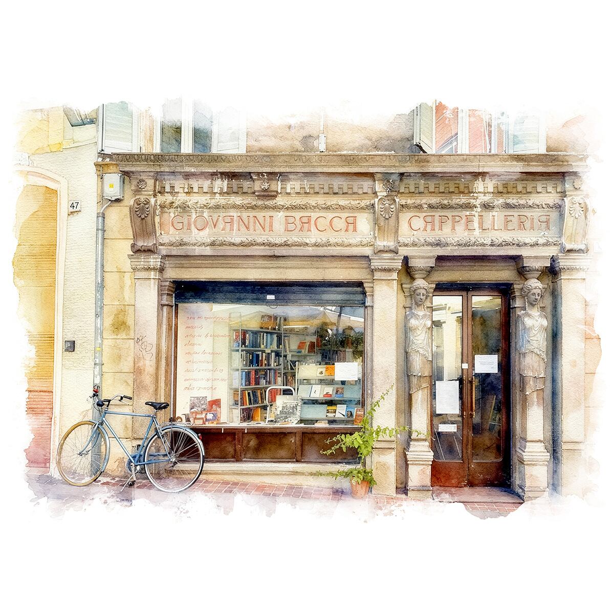 絵画 イタリア 風景画(街並み) トレントにある書店と自転車 インテリアアート額付き 水彩画・油絵調 WAT0261