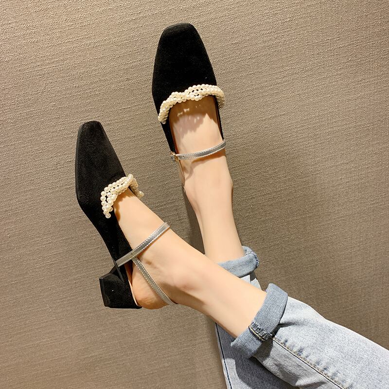 サンダル女性2020夏の新しいネット赤いとがった真珠のミドルヒールシングルシューズ夜遅くの風の単語のバックル厚いヒールの女性の靴 部族の婦人靴8486078