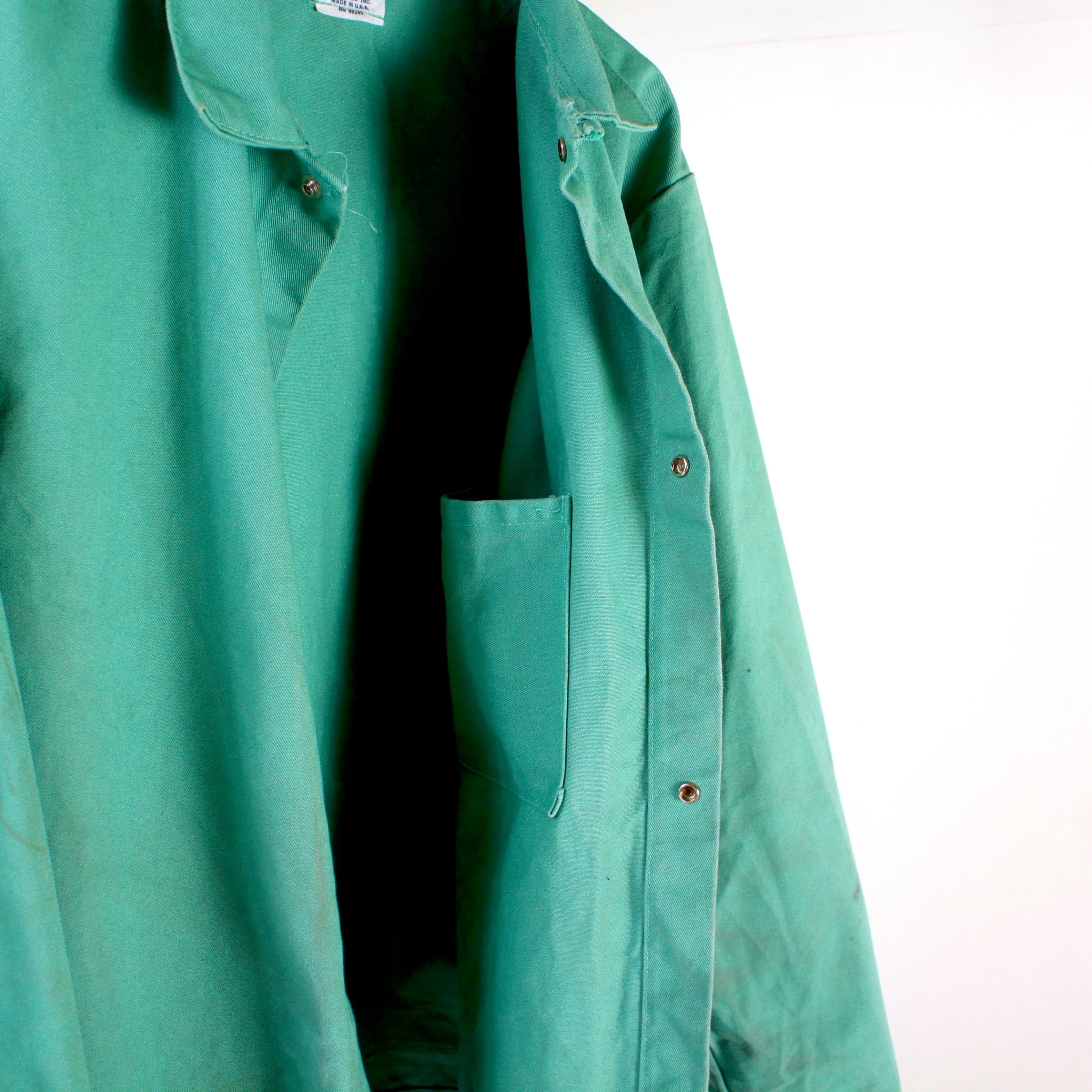 0444. green welding jacket エメラルドグリーン ウェルディングジャケット 溶接 カバーオール USA製 古着  web_pee