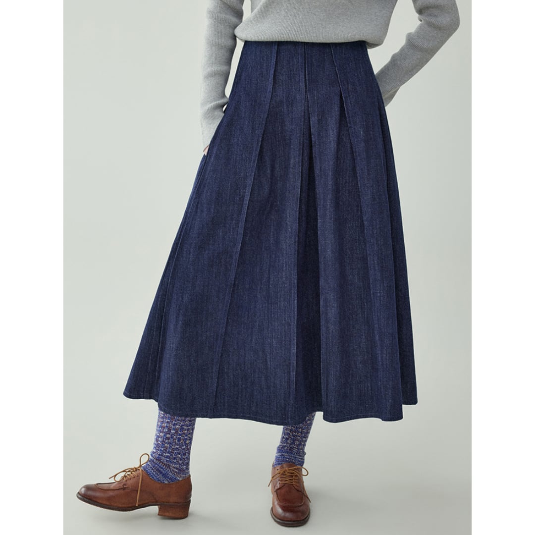 retro blue denim mid length pleated skirt