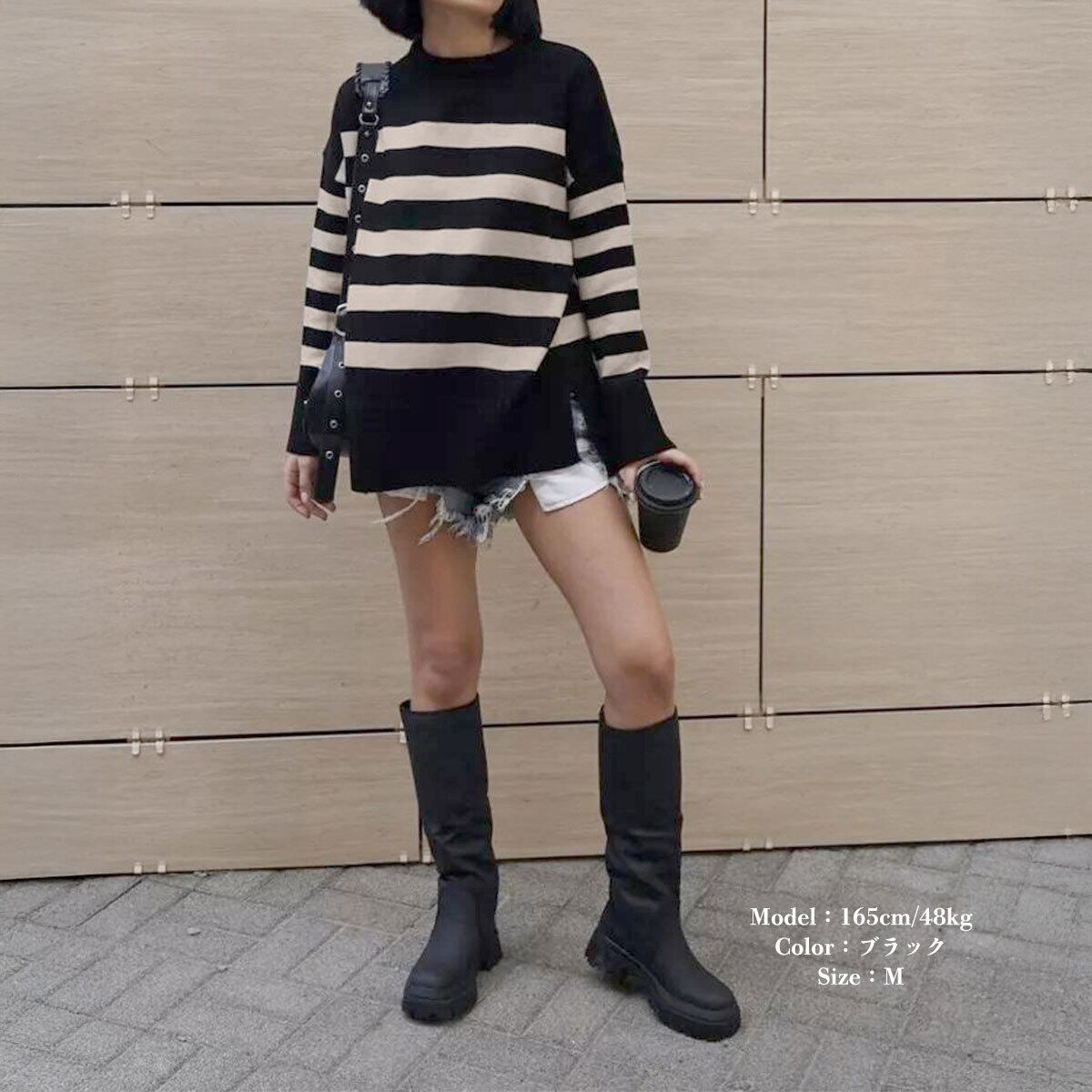 ニット セーター ボーダー柄 長袖 レディース 春秋 トップス 韓国 大人 カジュアル おしゃれ ゆったり 体型カバー サイドスリット ドロップショルダー ボーダーニット 大人可愛い 大人女子