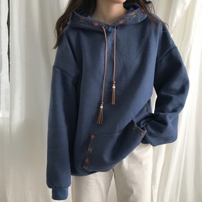 セーター スプリングオータムルーズスタイルフード刺繍ギャザーベルベットジャケット ロング 春物 秋物 1号婦人19211560124