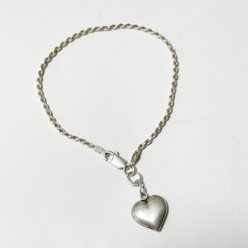 Old 925 Silver Rope Chain Bracelet With Small Heart Charm Made In Italy