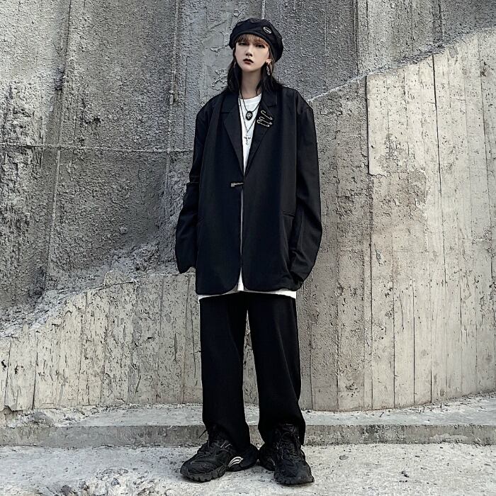 ルーズスプリングオータムブラック薄手コート ワイドレッグ 大きめサイズ 春物 秋物 ワイドパンツ ケッペル61116480384