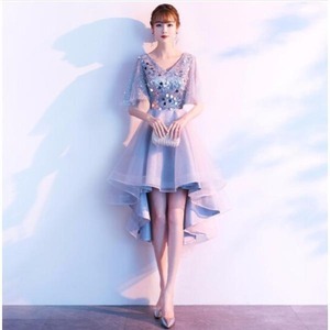 ドレス 結婚式  披露宴 二次会 フォーマル イブニングドレス スパンコール ミディ アシンメトリー 華やか パーティ Vネック 半袖 20代 30代