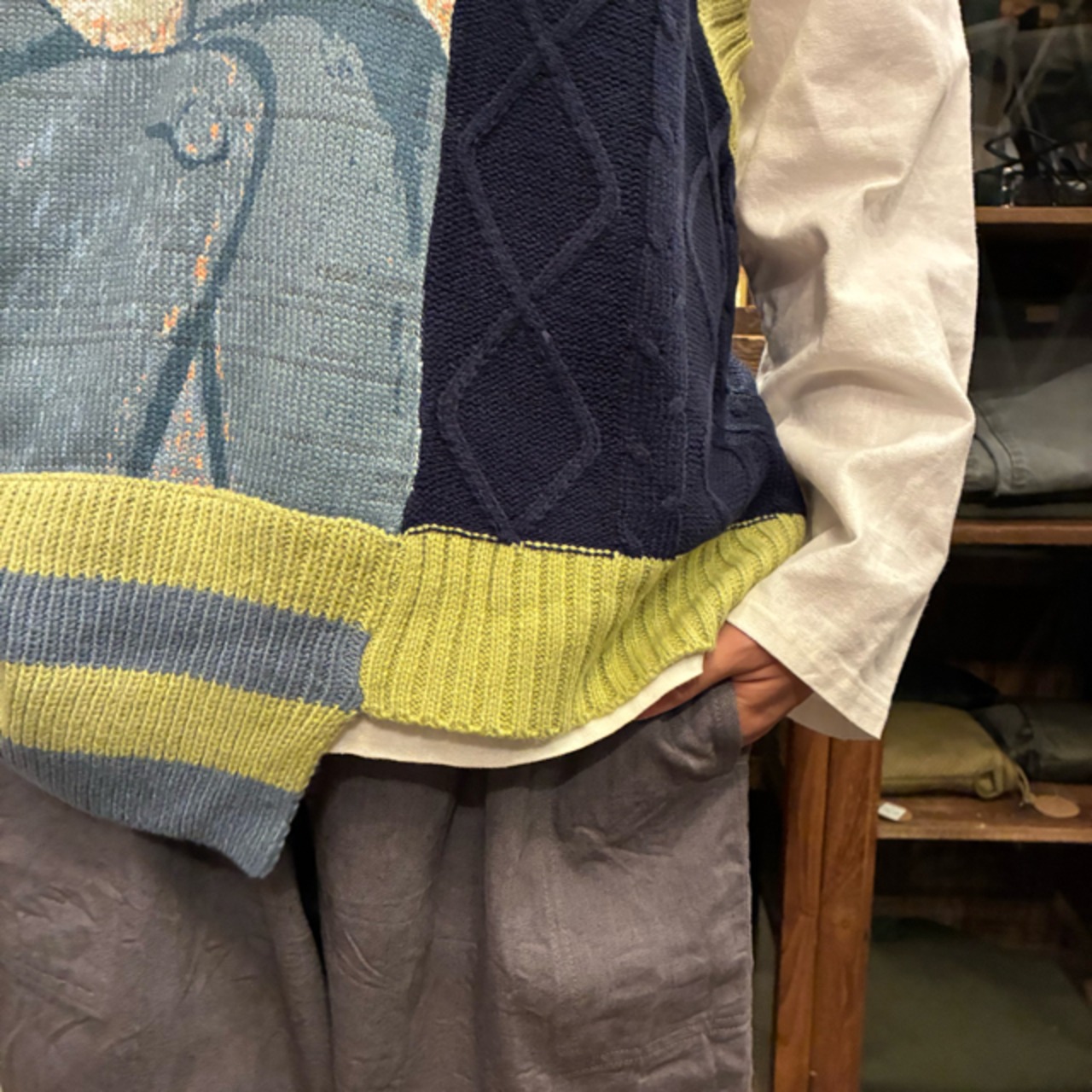 TOPANGA Lady's  Portrait  irregular knit vest　ポートレートイレギュラーニットベスト　グリーン　ゴッホ　羽織　アウター