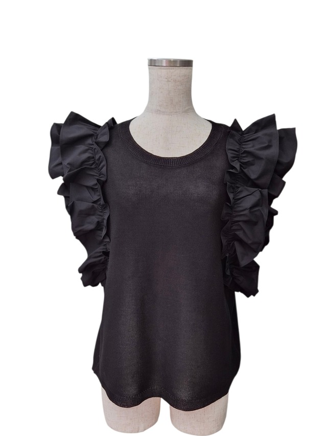 袖フリルニットトップス black