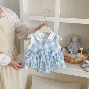 【BABY】ブルーチェックノースリーブロンパース
