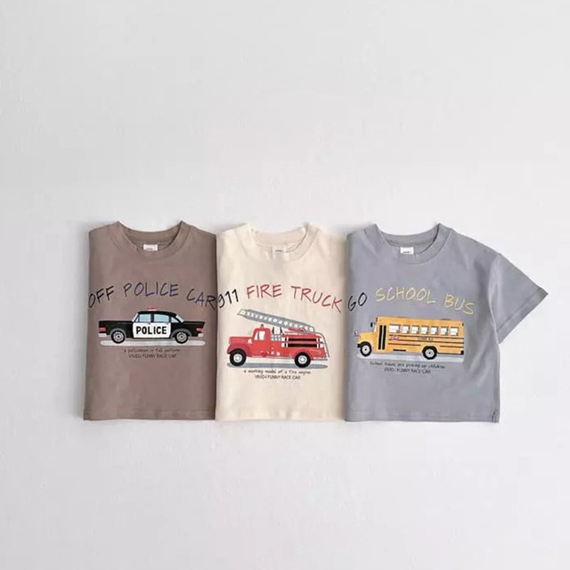 【BABY&KID】夏新作手描き車&英字プリントカジュアルTシャツ